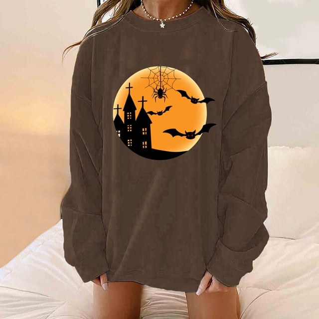 2023 Chandail en Molleton Mode pour Femmes 50 % de Réduction Liquidation Chandail en Molleton Classique Imprimé Halloween Col Rond Manches Longues Ample
