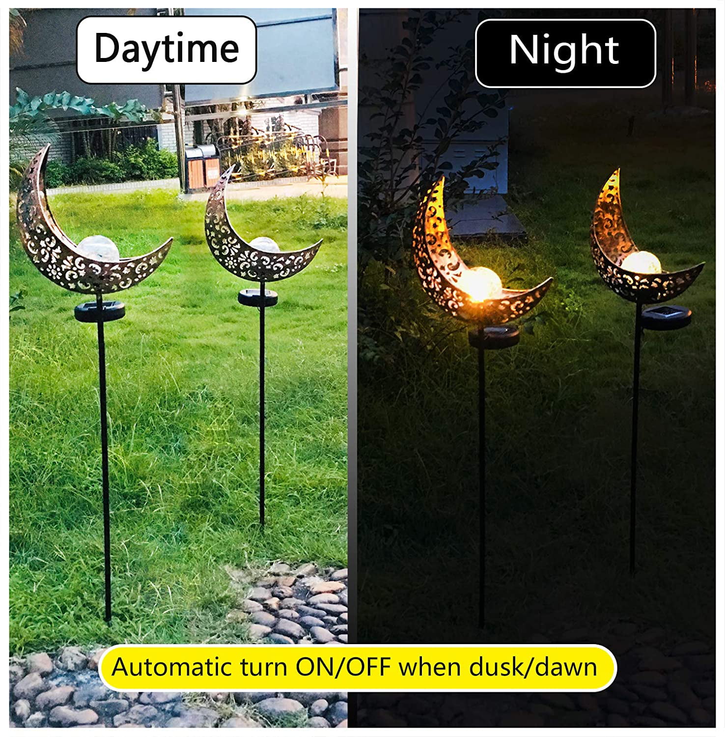 Solar Garden Lights,2 Pack Crackle Glass Globe Antique Brass Metal Stake Warm White Moon Lights,Outdoor Waterproof for Lawn Patio Yard Wedding Party Decorations Light