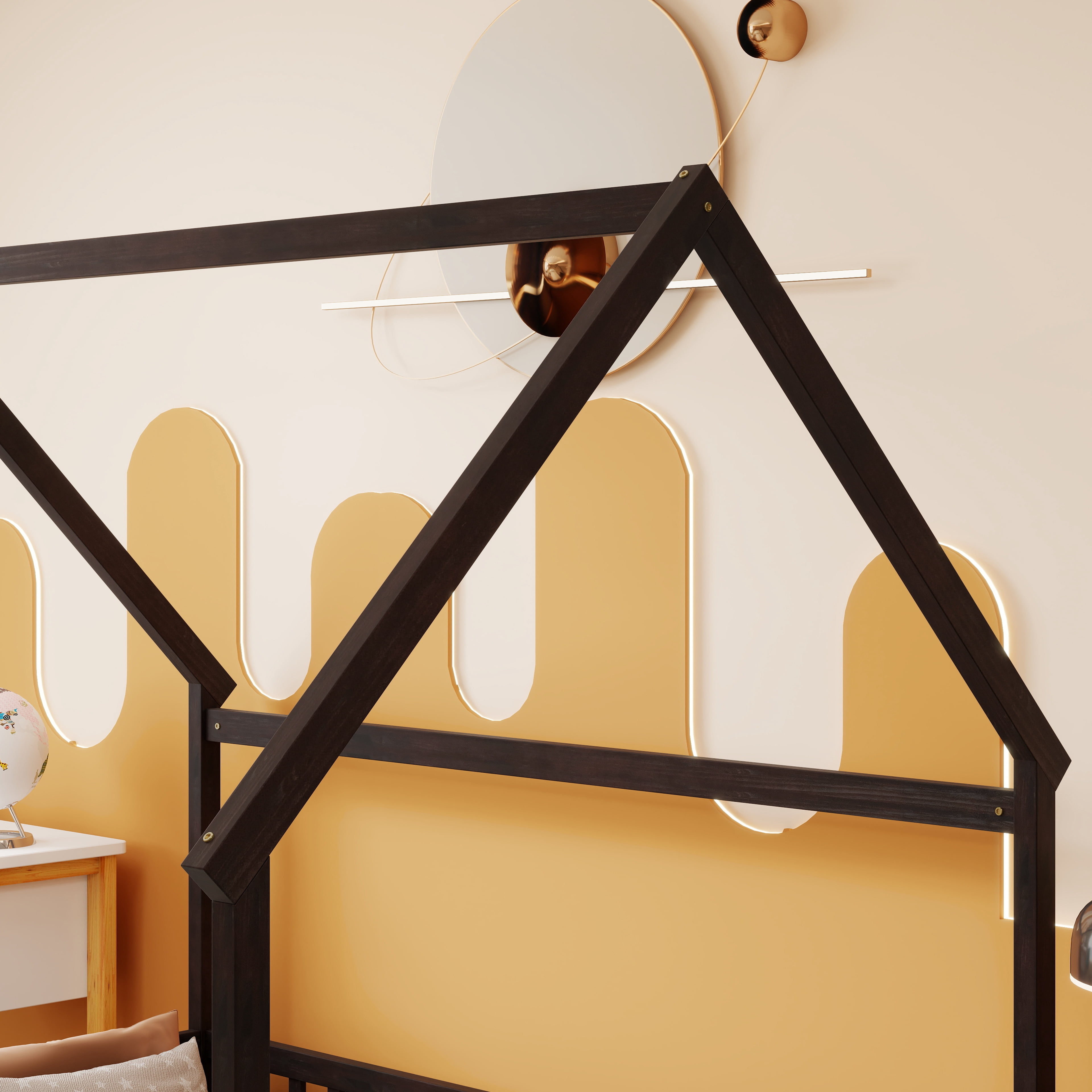 Full Size House Floor Bed with Roof Frame, Pine Wood Floor Bed with Safety Guardrails, Espresso