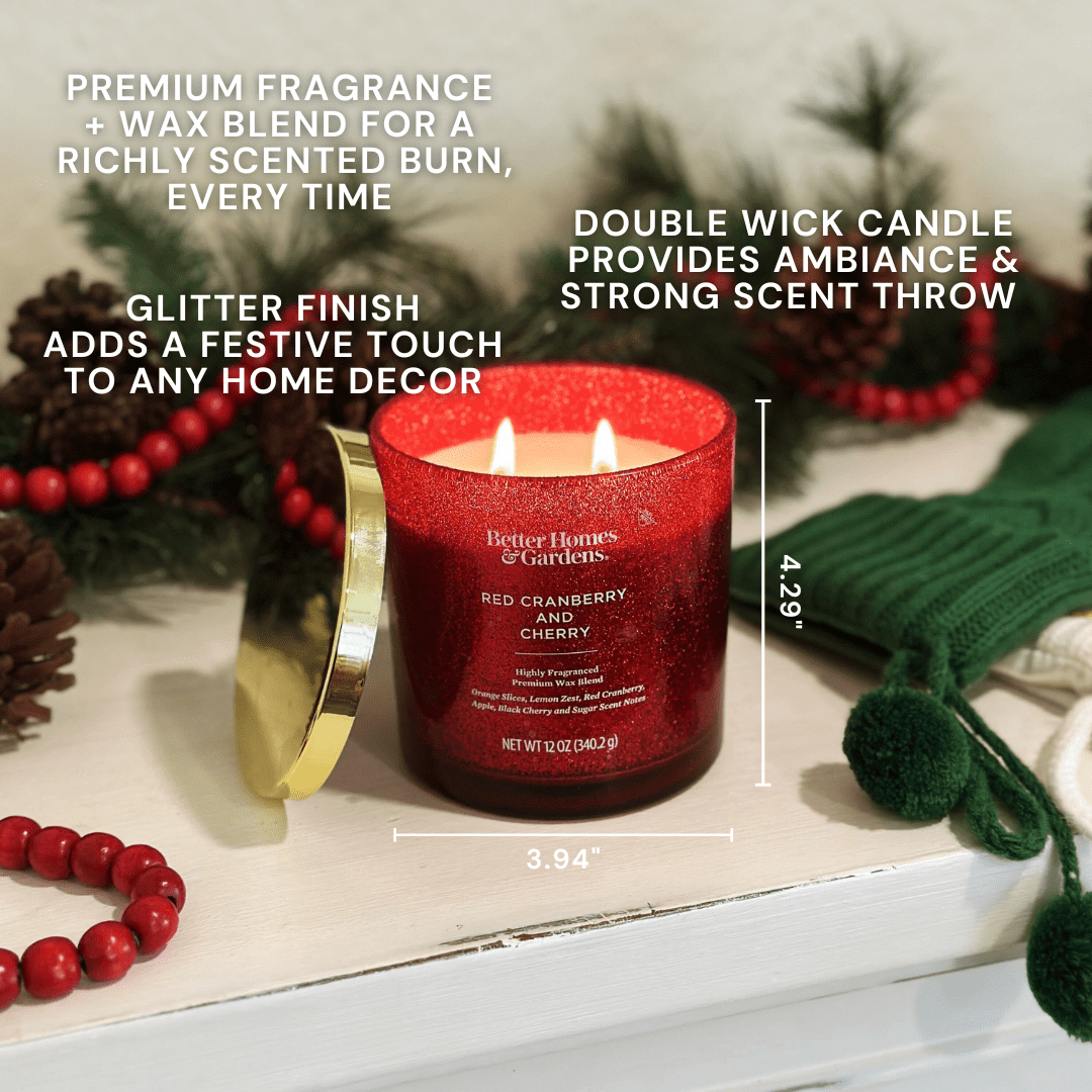 Better Homes & Gardens Red Cranberry & Cherry Scented 2 Wick Glitter 12oz Jar Candle