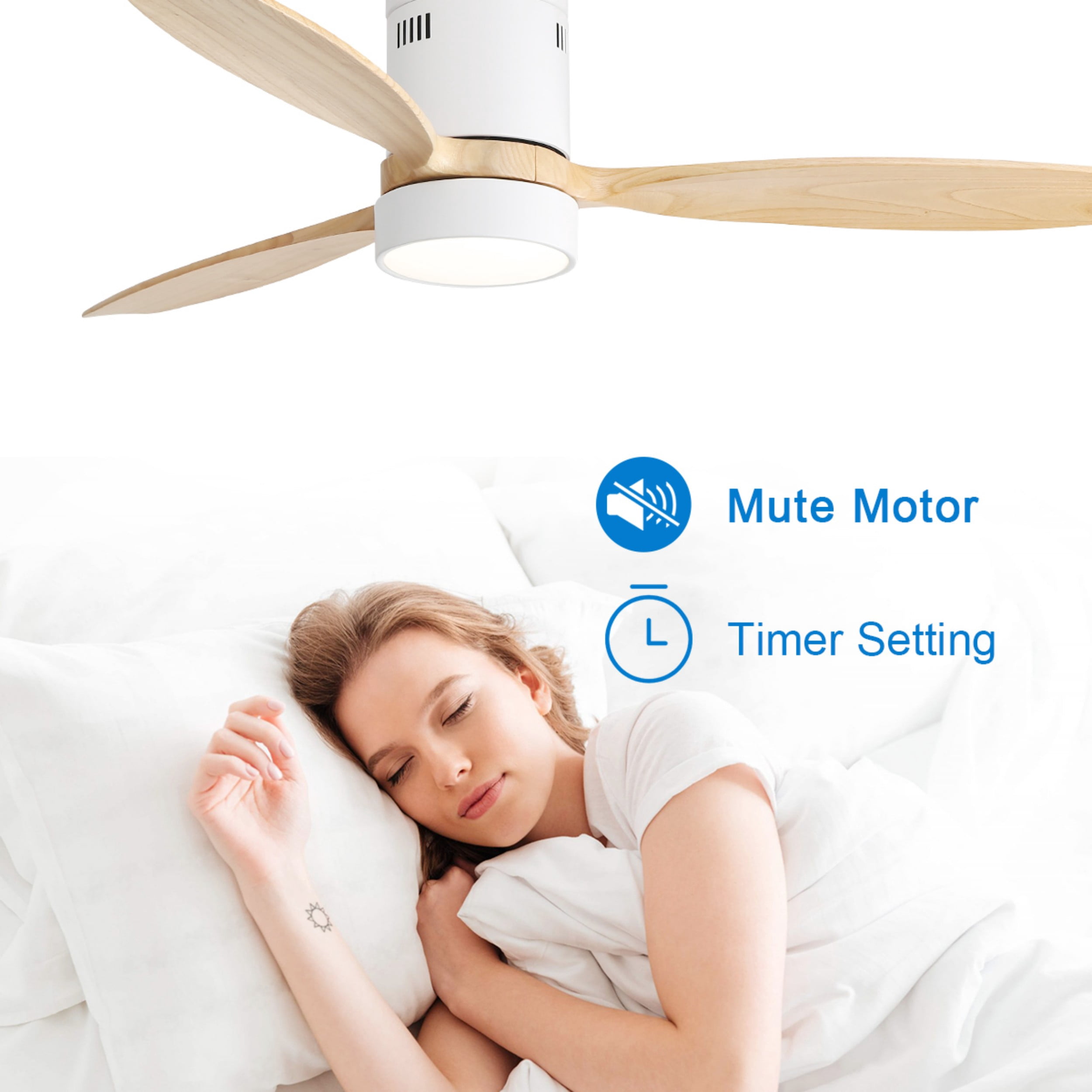Sofucor 52inch Wood Low Profile Ceiling Fans with Lights and Remote, Modern Flush Mount Quiet Ceiling Fan for Bedroom, Reversible DC Motor, 3 Color & 6 Speed, for Indoor Outdoor Patio,(White+Wood)