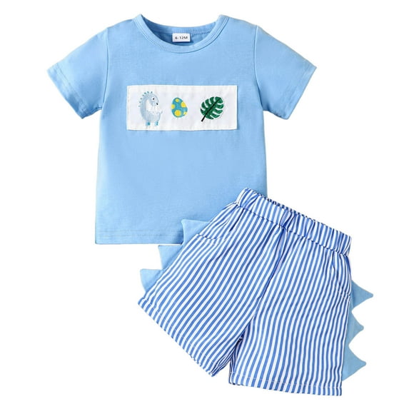 FhsagQ Outfits for Boys Toddler Boys Short Sleeve Cartoon Dinosaur Prints T Shirt Pullover Tops Striped Shorts Outfits Blue 12-18 Months