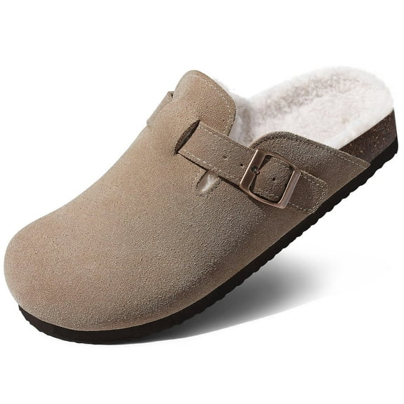 Litfun Women's Faux Fur Lined Suede Clogs Fuzzy Cork Footbed Mules Slip On Winter Potato Shoes, Taupe