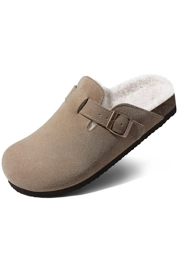 Women's Faux Fur Lined Suede Clogs Fuzzy Cork Footbed Mules Slip On Winter Potato Shoes, Taupe