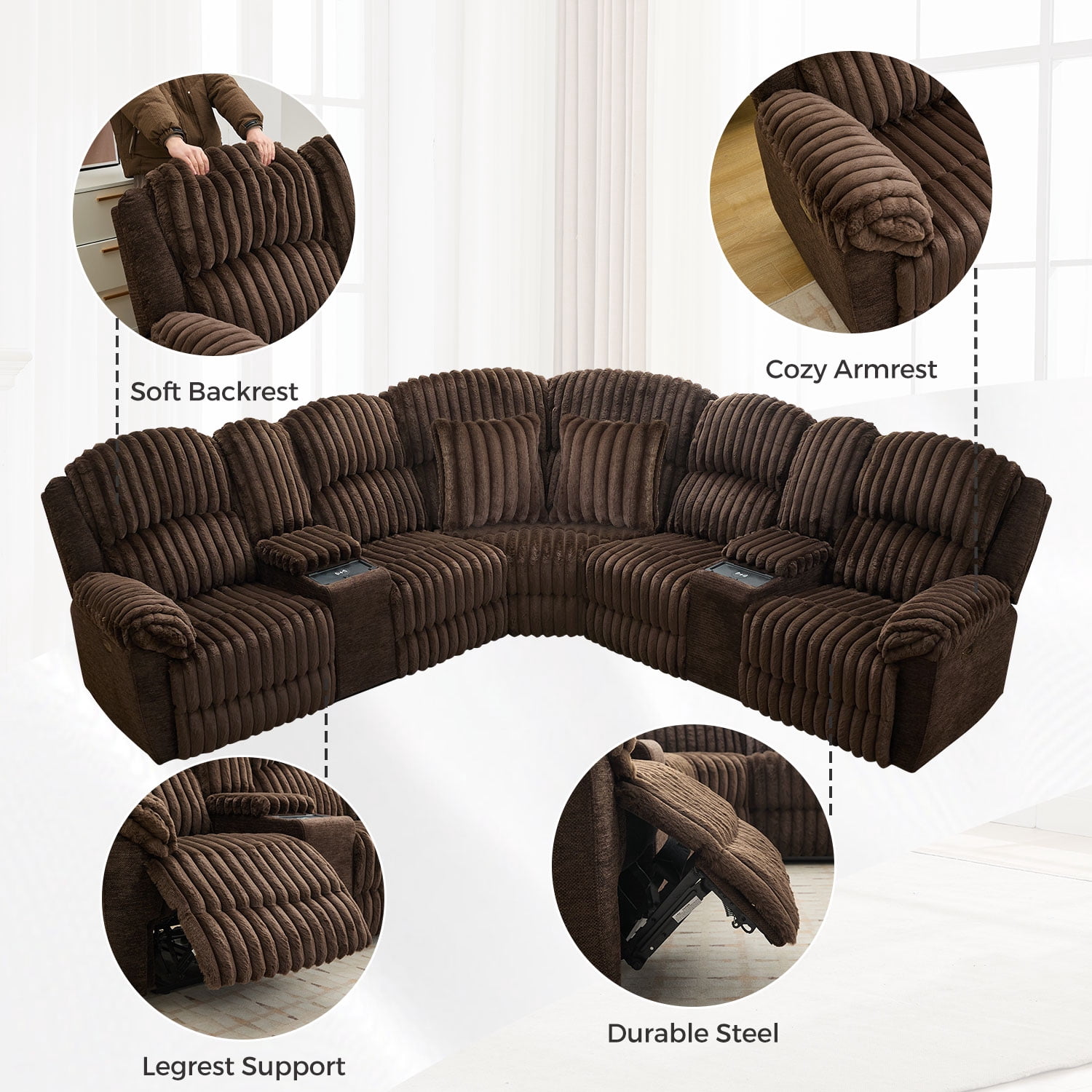Comfort Stretch Power Recliner Sectional Faux Fur Sofa with Wireless Charging USB Type-C Ports Storage Console 2 Pillows Brown