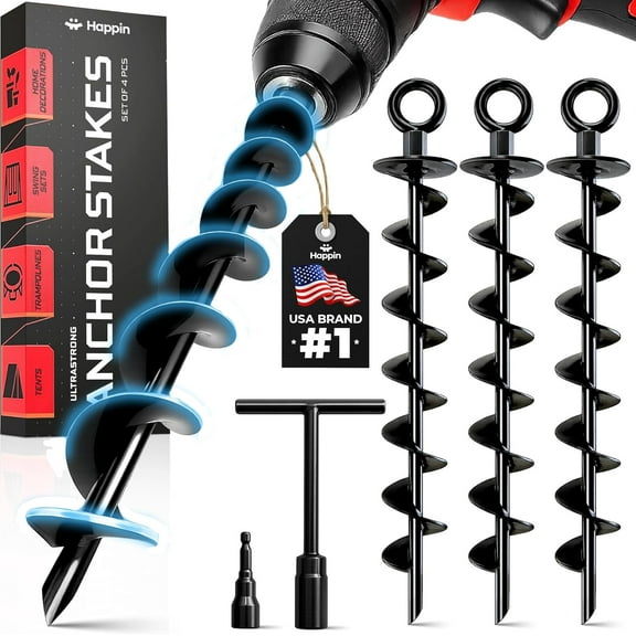 Tent Stakes Heavy Duty Ground Anchor Screw in | Trampoline Anchors | Trampoline Stake | Ground Anchors Screw in for Secure Hold | Yard Stakes High Stability Wind Resistance, (4 Pack)