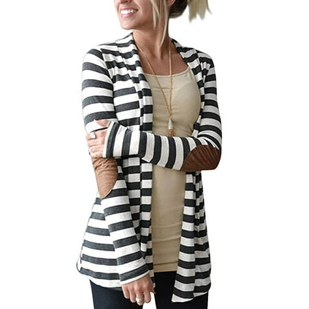Shawl Collar Wrap Cardigan (Women's Black White Elbow Patch Shawl Collar Summer Striped Open Front Cardigan Sweaters Coat)