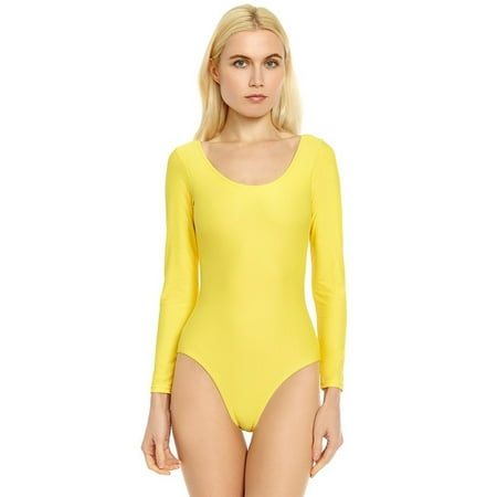 Women Leotard Yellow Long Sleeve Large (Best Fabric For Leotards)