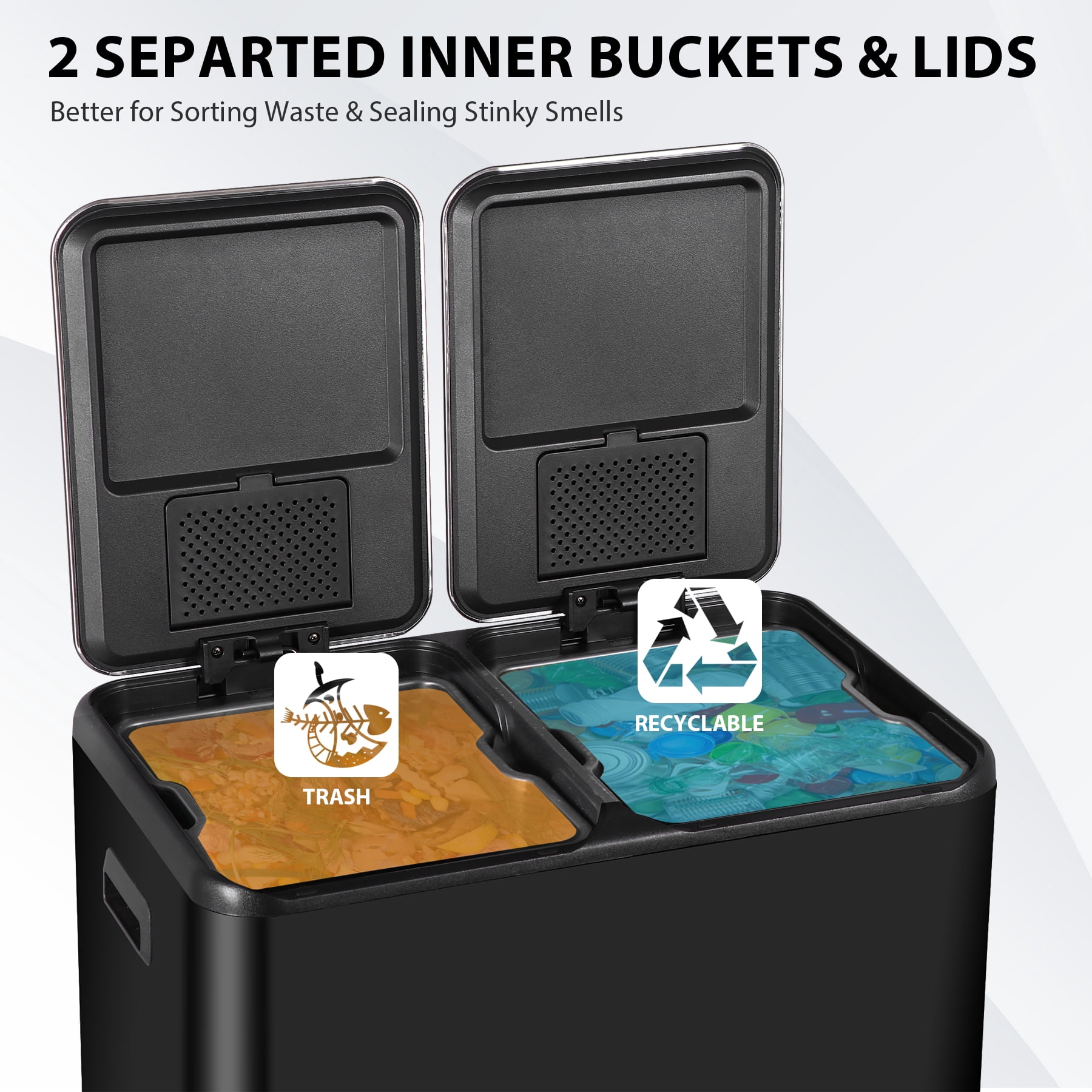 HomGarden 16 Gallon Dual Compartment Trash Can Stainless Steel Step Garbage Can Home Kitchen, Black