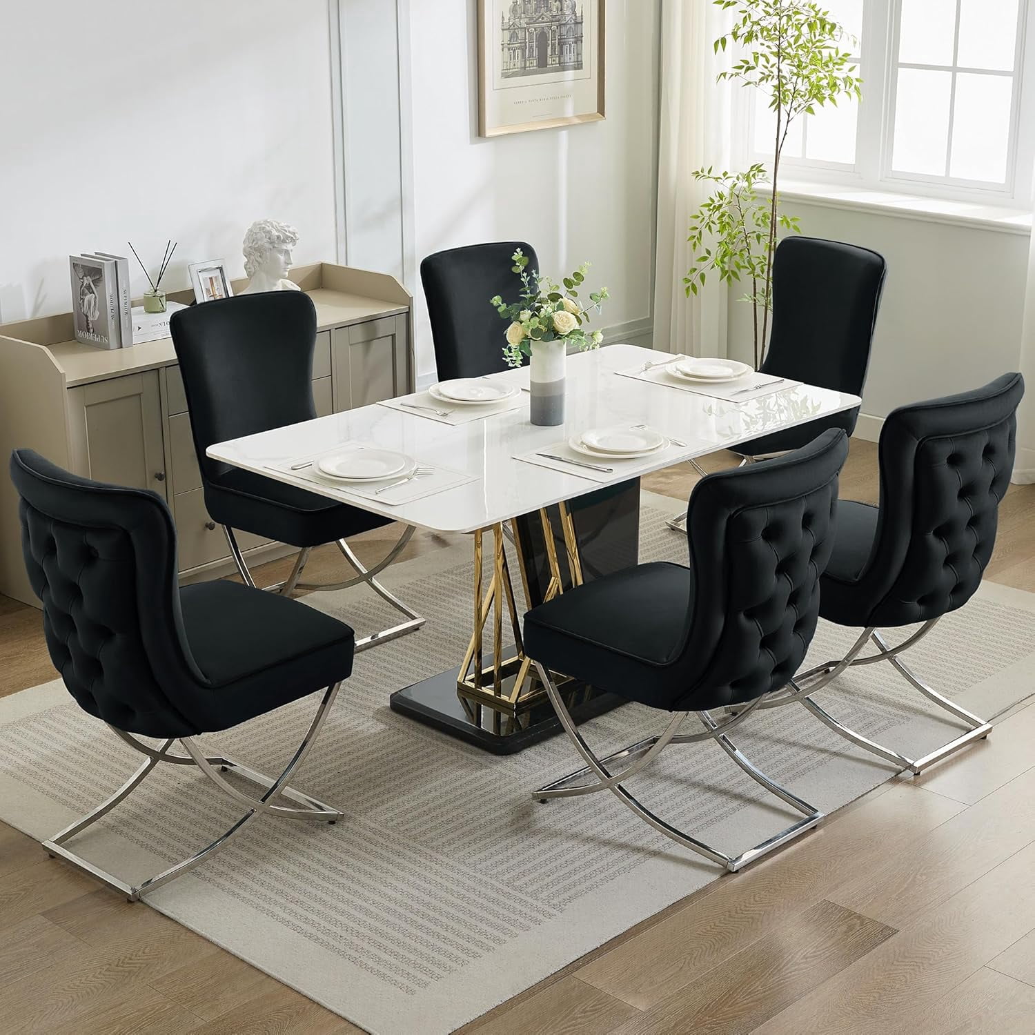 2PCS Luxury Velvet Dining Chairs, Tufted Upholstered Armless Accent Chairs with Silver Metal X-Legs, Modern Glam Dining Chair Kitchen Chairs, Black