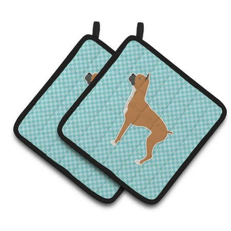 

Caroline s Treasures Boxer Checkerboard Blue Pair of Pot Holders