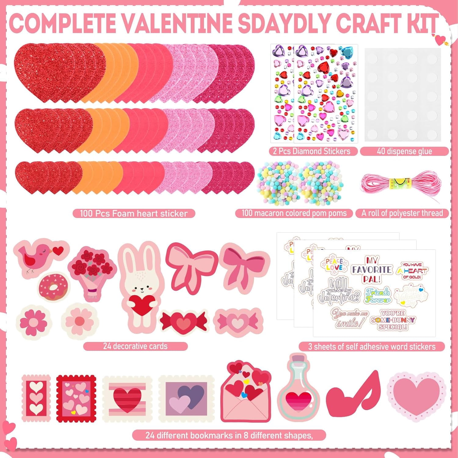 Valentine's Day Craft Kit DIY Bookmarks Set with Assorted Cards, Heart Foam Sticker, Poms, Rhinestone, Motivational Stickers for Gifts Exchange