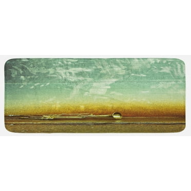 Jazz Music Kitchen Mat, Old Worn Trumpet Stands Alone Against a Grungy Wall Outside of Jazz Club, Plush Decorative Kitchen Mat with Non Slip Backing, 47" X 19", Teal Beige Mustard, by Ambesonne