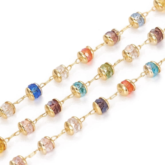 1m Handmade Glass Beaded Chains with Brass Findings Long-Lasting Rondelle Faceted Soldered Golden Colorful 4mm about 3.28 Feet(1m)/roll