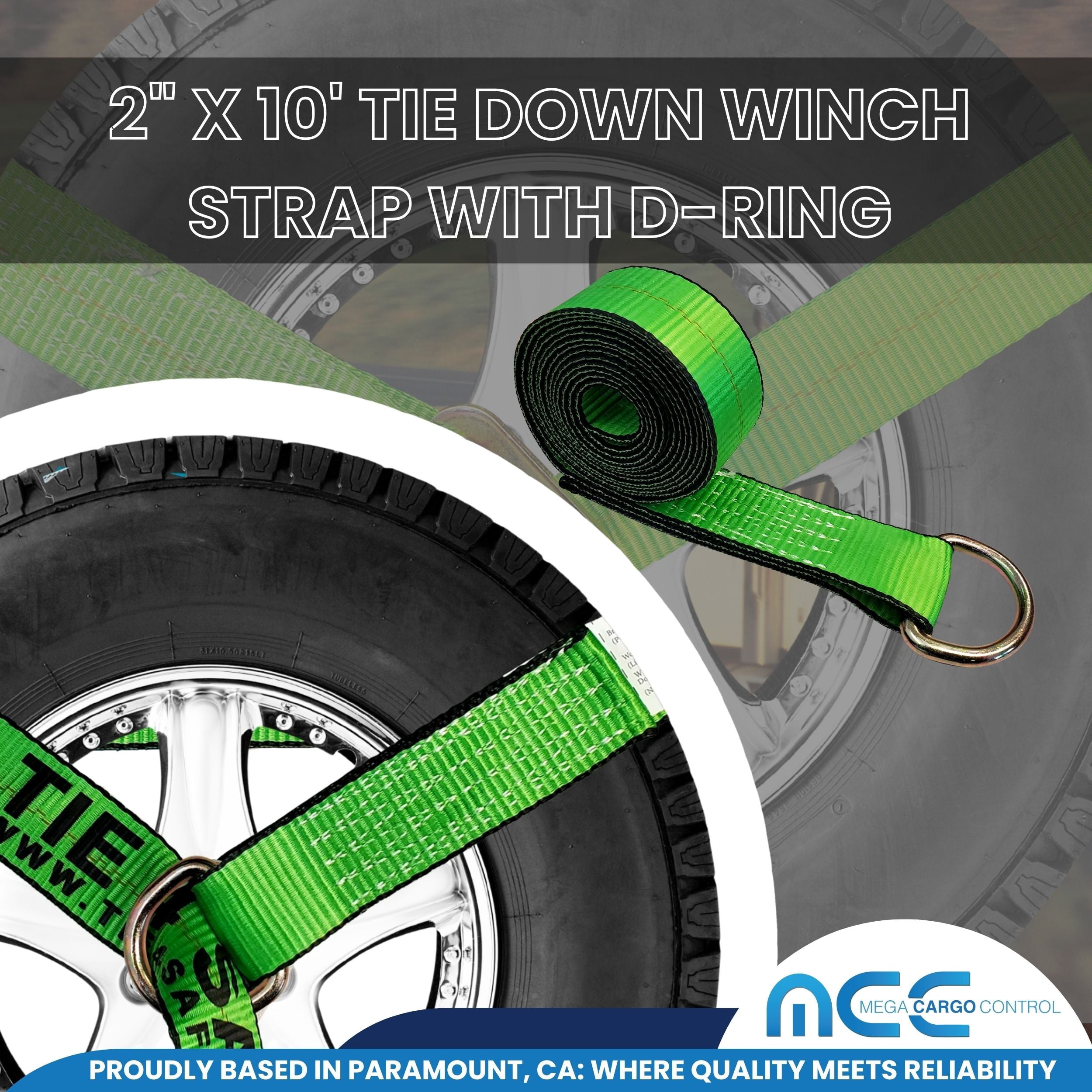 Mega Cargo Control 2" x 10' D Ring Lasso Straps - Heavy Duty Wheel Lift Towing Straps for Auto Hauling, Car Carriers, Flatbeds, Wrecker (Green, 4 Pack)