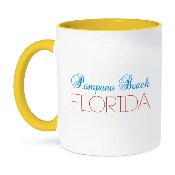 3drose, Pompano Beach, Florida Blue, Red Text. Patriotic Home Town Design, 11oz Two-tone Yellow Mug