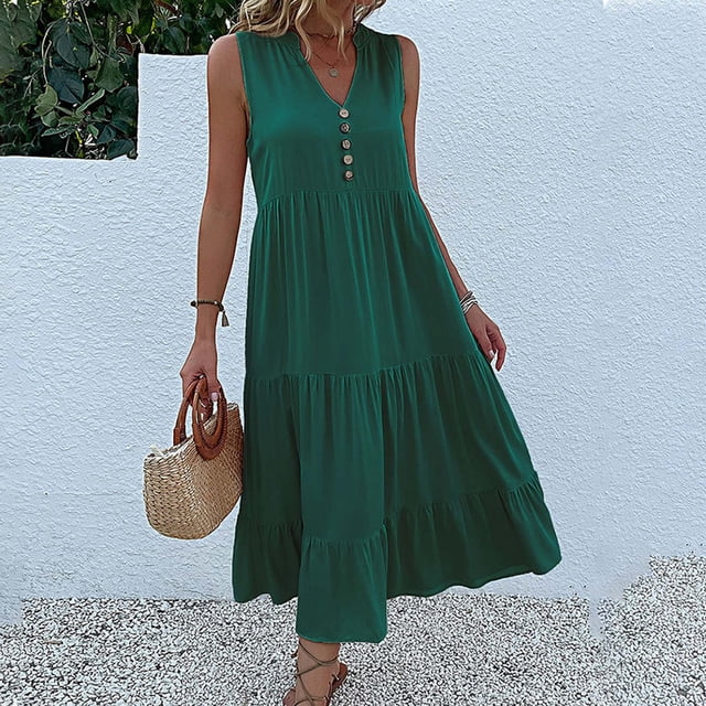Fankiway Mode Printemps Été Robe Décontractée Sans Manches à une Épaule Couleur Unie Robes de Plage Grande Taille