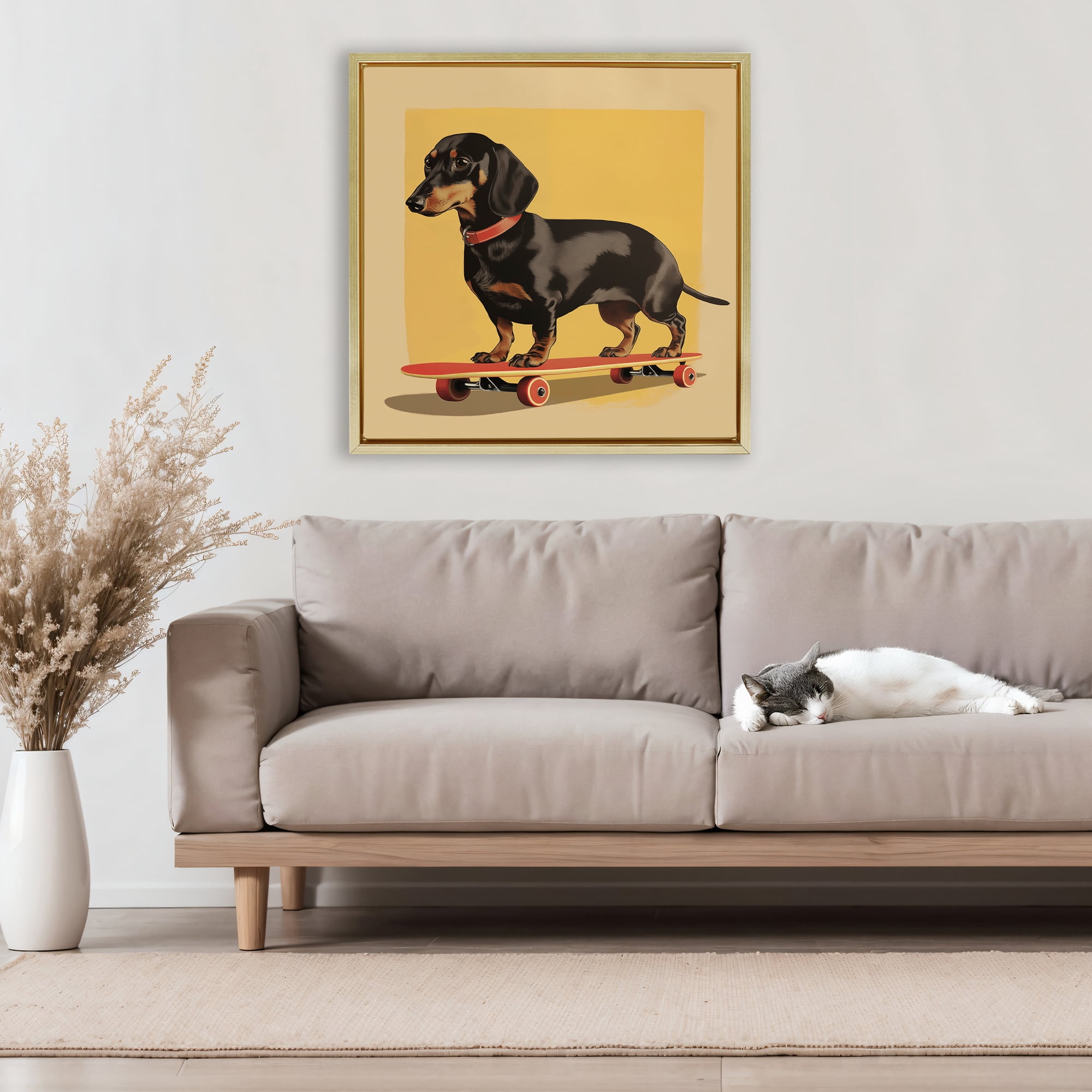 Stupell Industries Dachshund on Red Skateboard Gold Framed Floater Canvas Wall Art, design by Andreas Magnusson