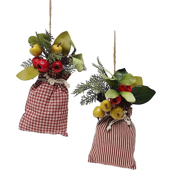 S/2 Decorative Fruit Berries in Fabric Bag Vertical Hanging Decor Christmas Winter Ornaments Decorations 11" Red Bags