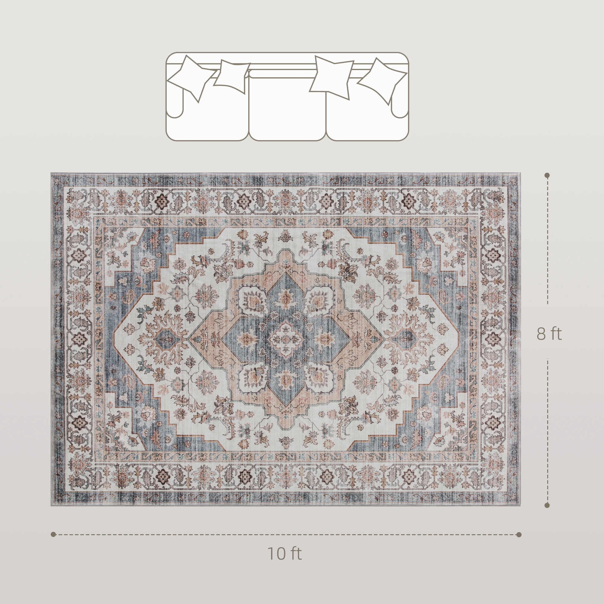 8' x 10' Area Rug, Vintage Pattern Rug with Anti-Slip TPR Backing, Soft Floor Carpet for High Traffic Living Room, Easy to Clean