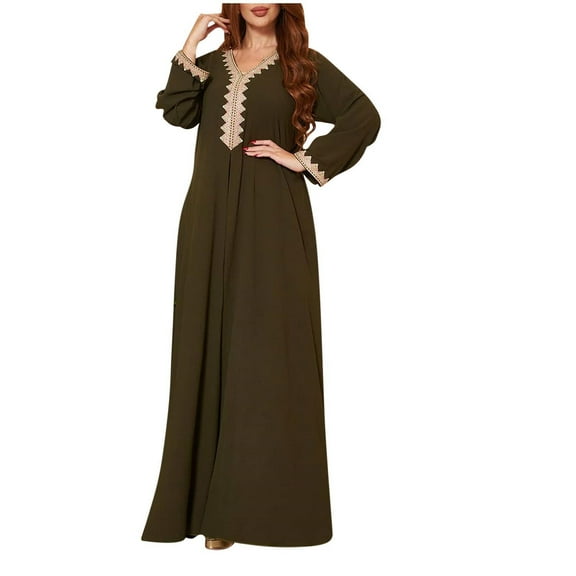Abaya Embroidery Long Sleeve Floor Length Turkish Abaya for Women V Neck Muslim Islamic Ramadan Prayer Jilbab Robe