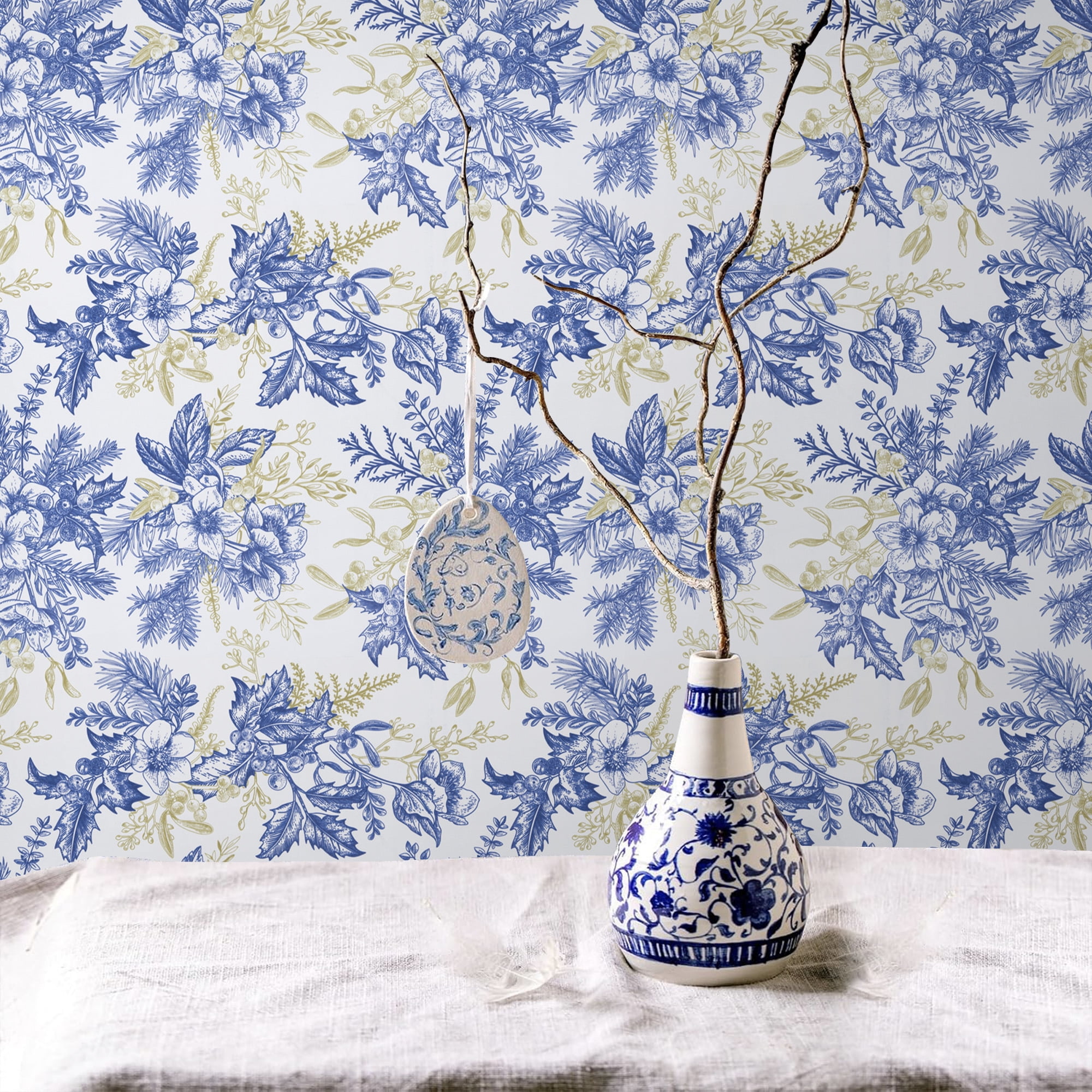 Abyssaly Blue Floral Wallpaper Peel and Stick Wallpaper 17.3" × 393.7" Self Adhesive Removable Wallpaper Vintage Flower Vinyl Wall Paper for Home Decor