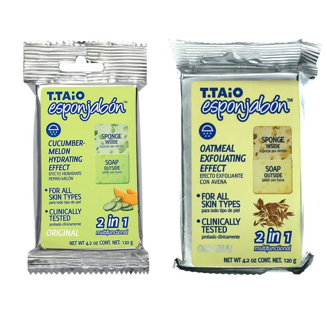T.Taio Esponjabon Éponge à Savon 2 en 1, Concombre, Melon et Gruau