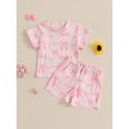 thumbnail image 4 of Toddler Baby Girls Shorts Clothing Set 6 12 18 24 Months 2T 3T Bow Print Short Sleeve Round Neck Tops Elastic Waistband Pockets Shorts Outfits, 4 of 9