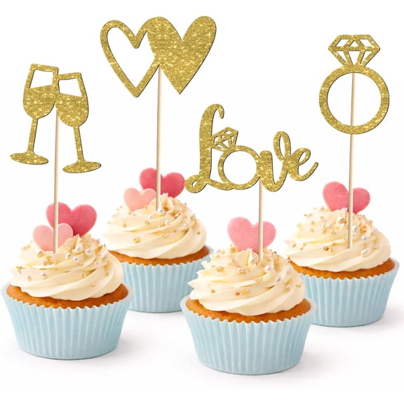 Gold Glitter Wedding Cupcake Toppers, 12 Pack Engagement Party Picks with Champagne Glass, Heart, Diamond Ring & Love Sign, Bridal Shower Dessert Cake Decorations