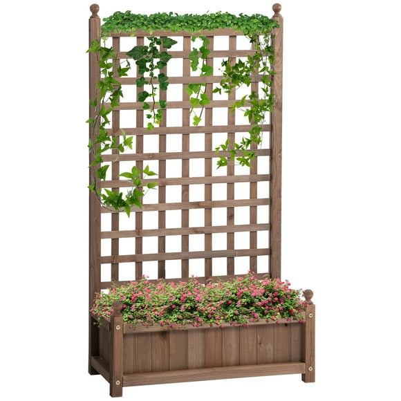 Outsunny Raised Garden Bed with Trellis Wood Garden Planter Box Brown