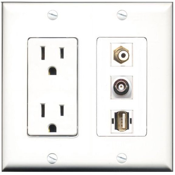 RiteAV - 15 Amp Power Outlet 1 Port RCA White 1 Port USB A-A 1 Port BNC Decorative Wall Plate