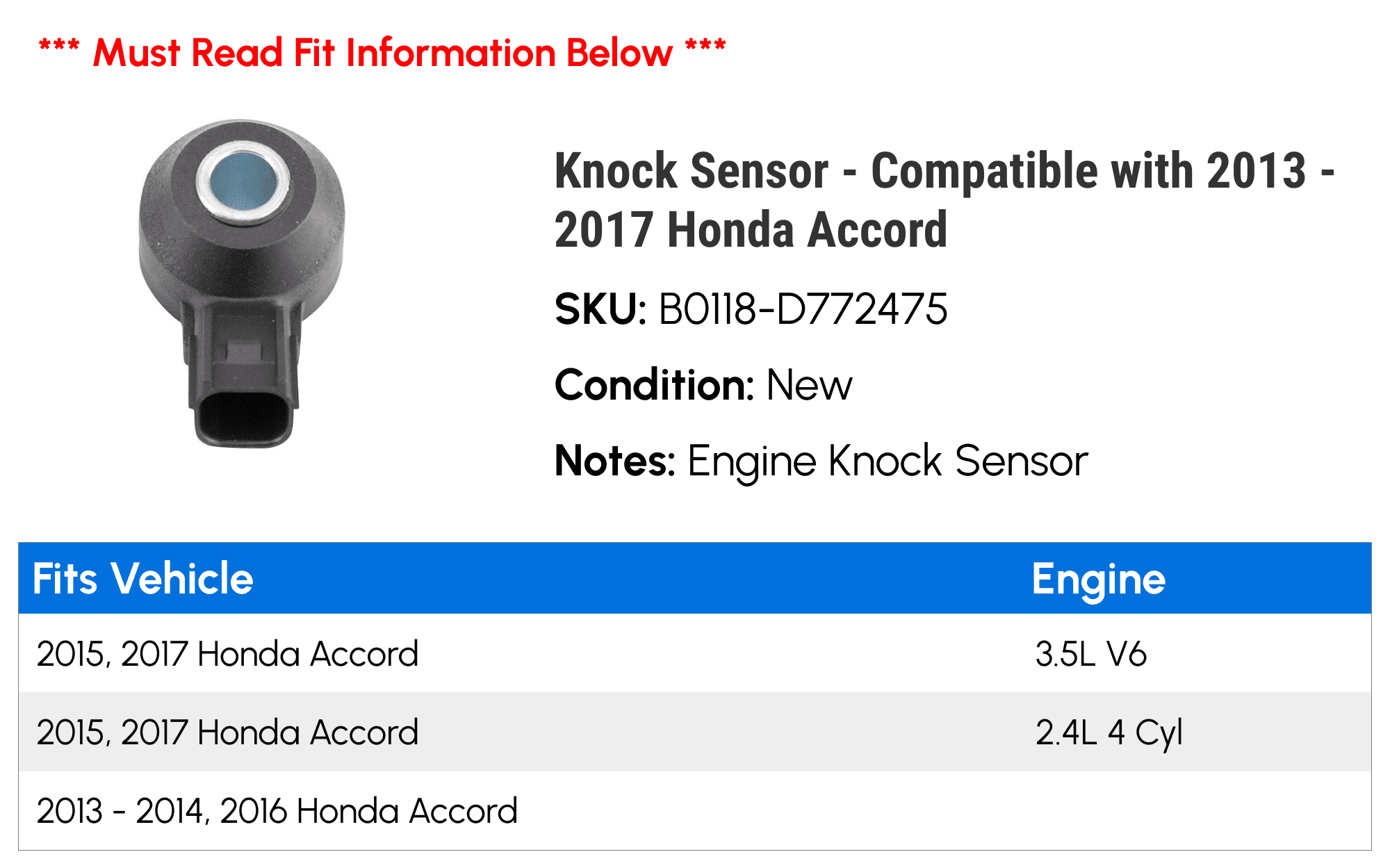Knock Sensor - Compatible with 2013 - 2017 Honda Accord 2014 2015 2016