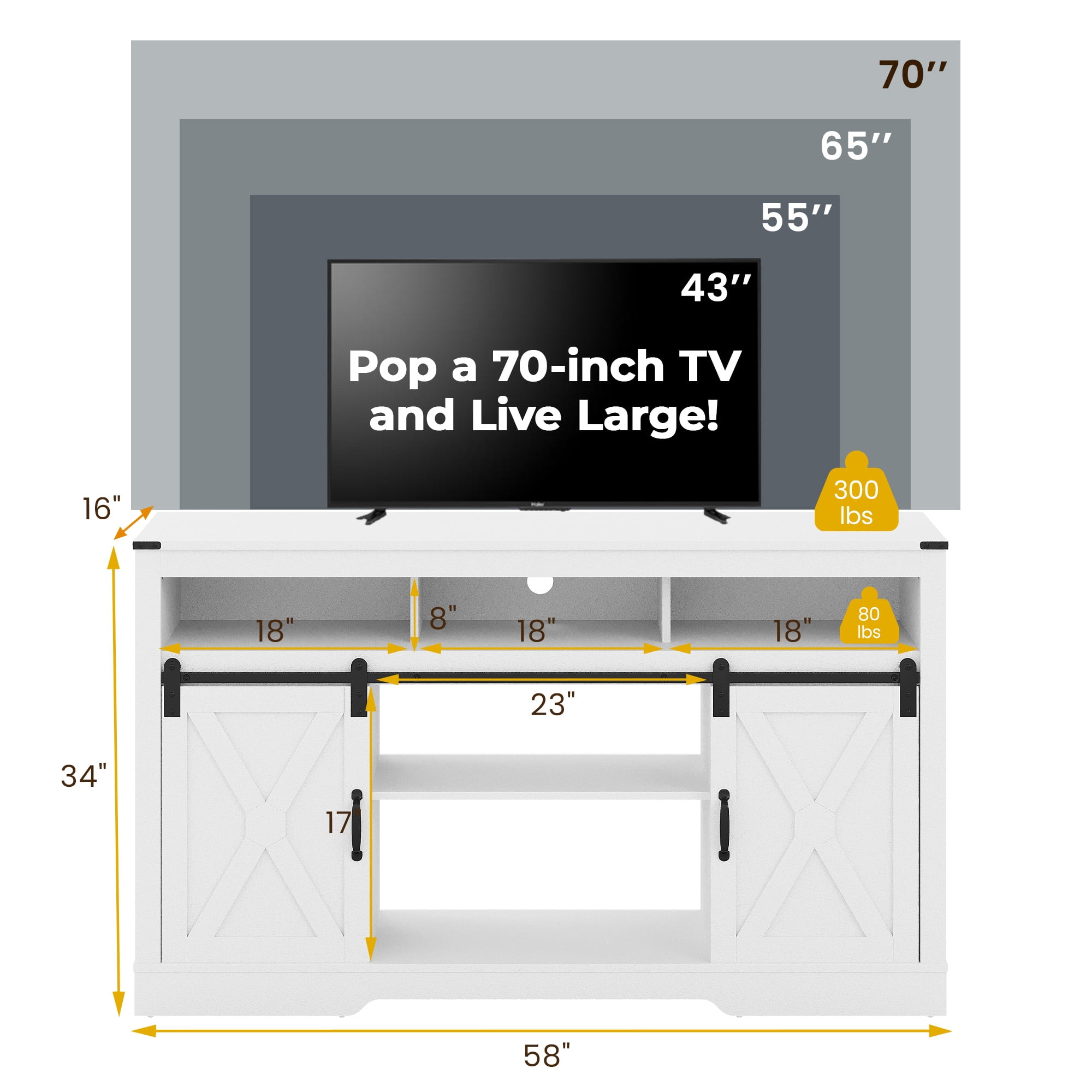 May in Color 34'' Tall TV Stand for 65"+ Inch TV, Farmhouse TV Console for 23" Fireplace, with Sliding Bar Door, Rustic Entertainment Center for Living Room, Bedroom (White)