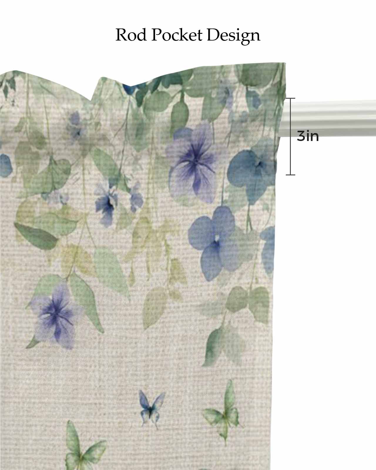 Butterfly Plant Kitchen Valances for Windows Farmhouse Linen Window Valance Curtain for Living Room Window Treatment Green Purple Watercolor Country Leaf Valance Rod Pocket Topper Drape, 60 x 18 Inch
