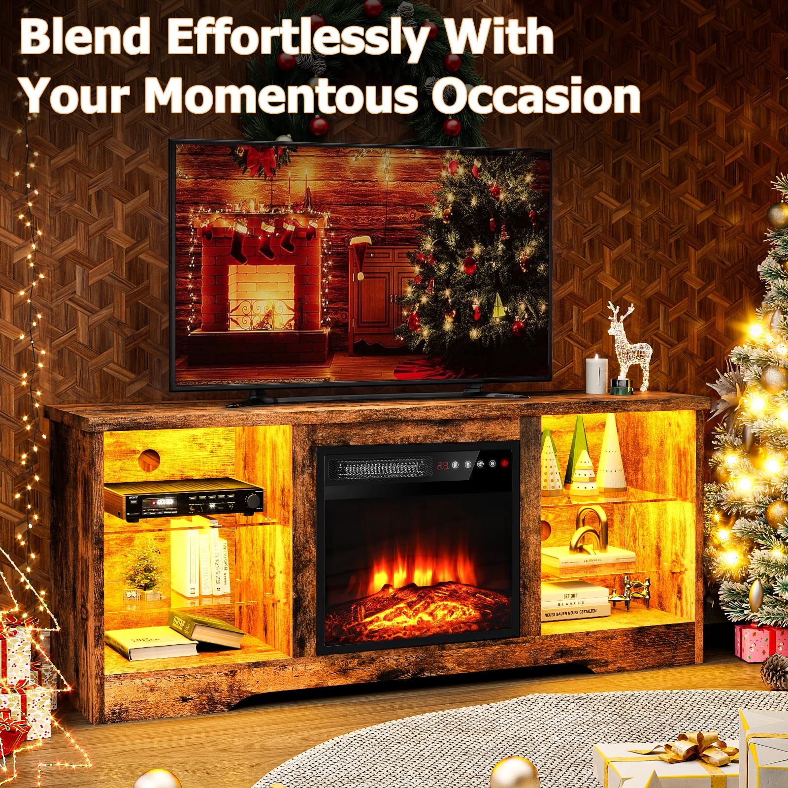 BOSSIN 58" Fireplace TV Stand for TVs up to 65 inch Console with 18'' Electric Fireplace & Remote, Wooden Modern Entertainment Center for Living Room with LED Light Glass Shelves