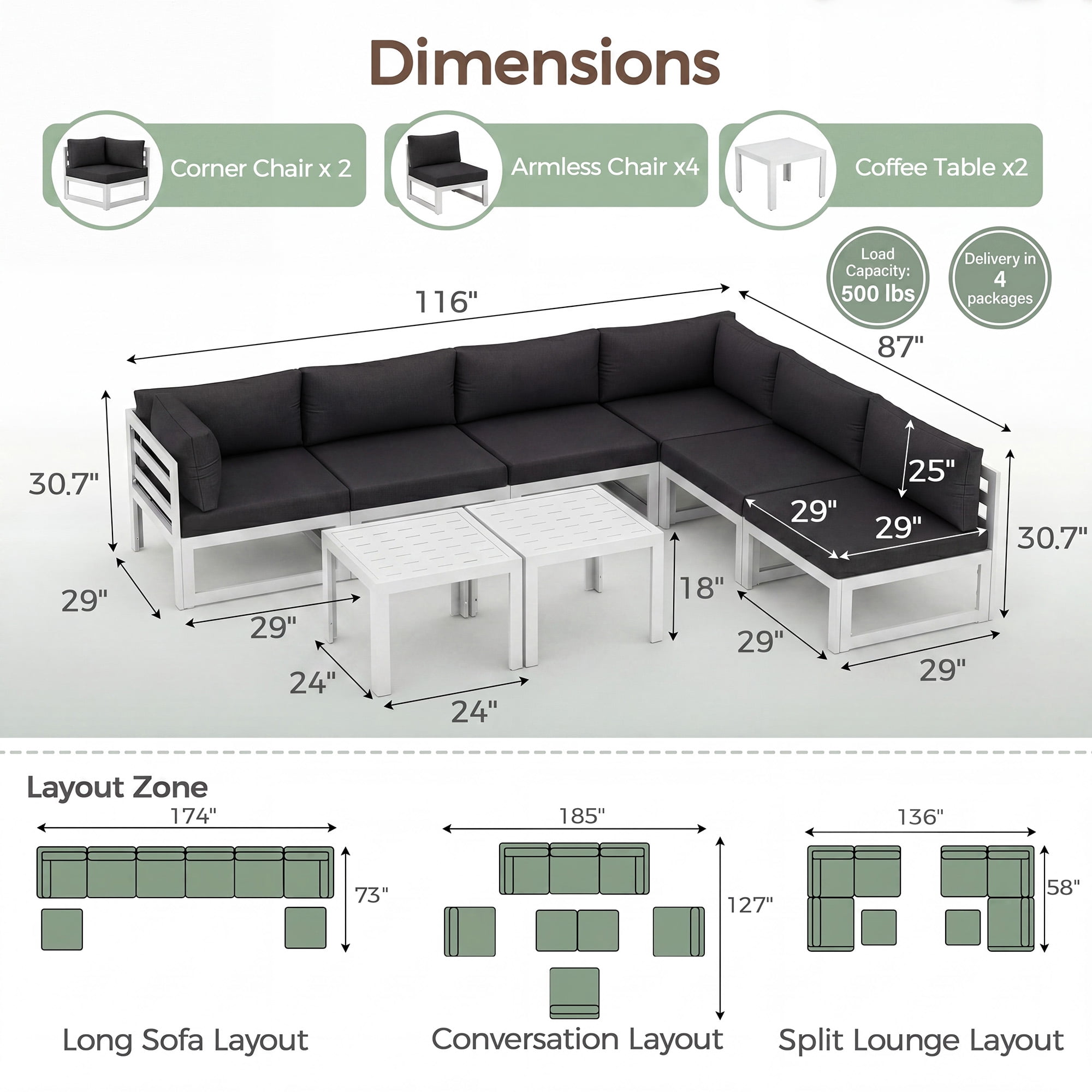 RADIATA Patio Aluminum Furniture Set with Oversized 29" Seats&Coffee Table, 8 Pieces Large Outdoor Modern Sectional Conversation Sofa Set with 4" Cushions for Backyard, Poolside, White&Black