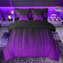 jejeloiu Modern Geometric Striped 7 Pieces Bedding Comforter Set,Black Purple Full Bedding Set For Girls Kids Reversible