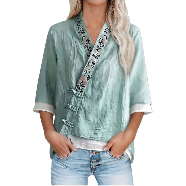 Mujeres manga corta de verano Tops imitación bordado V-cuello hebilla cinco cuartos de manga blusa, primavera en verano casual moda superior