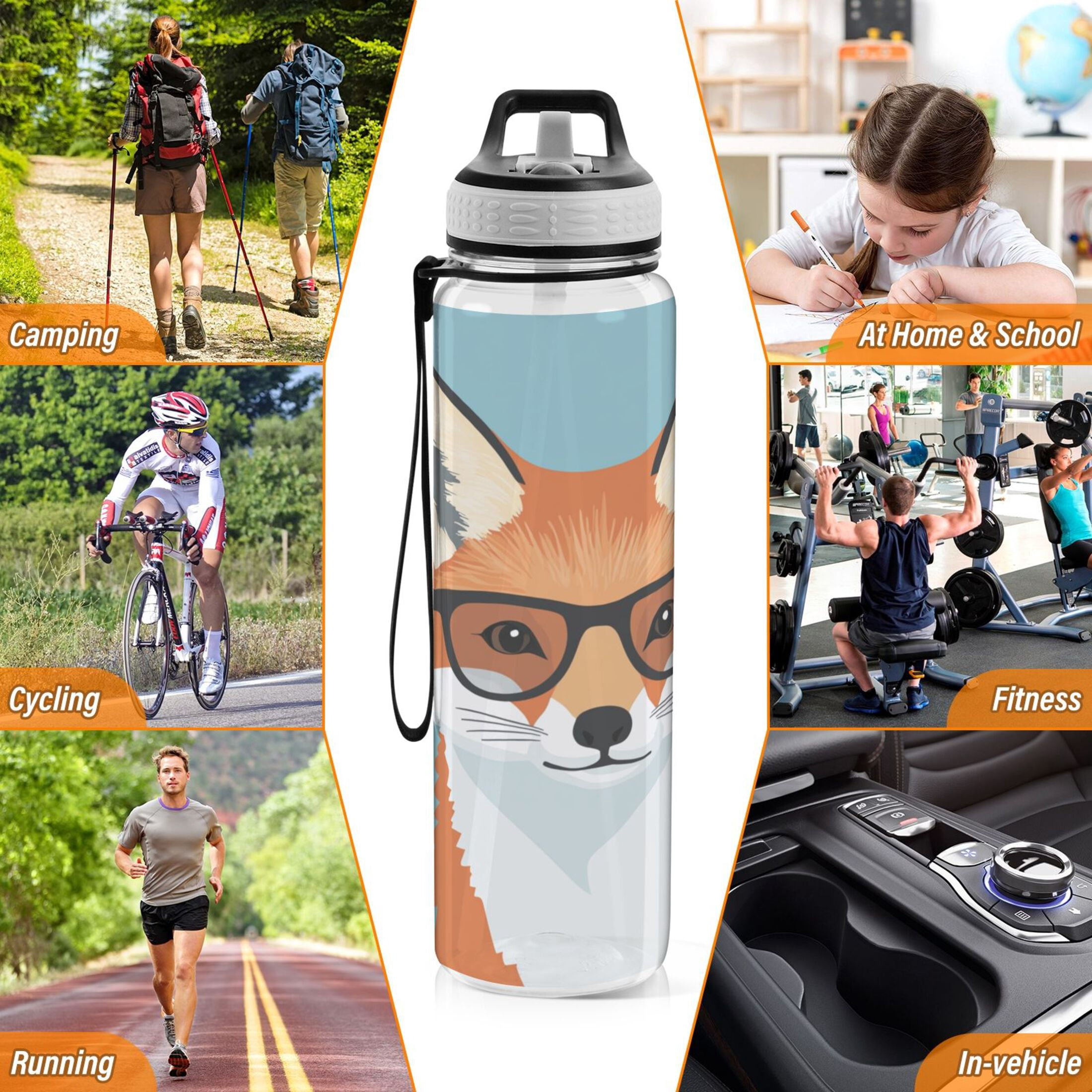 Sports Water Bottle 1000ML Tritan Food Grade Clear Water Bottle Fitness Outdoor Sports Bike Cute Fox with Glasses
