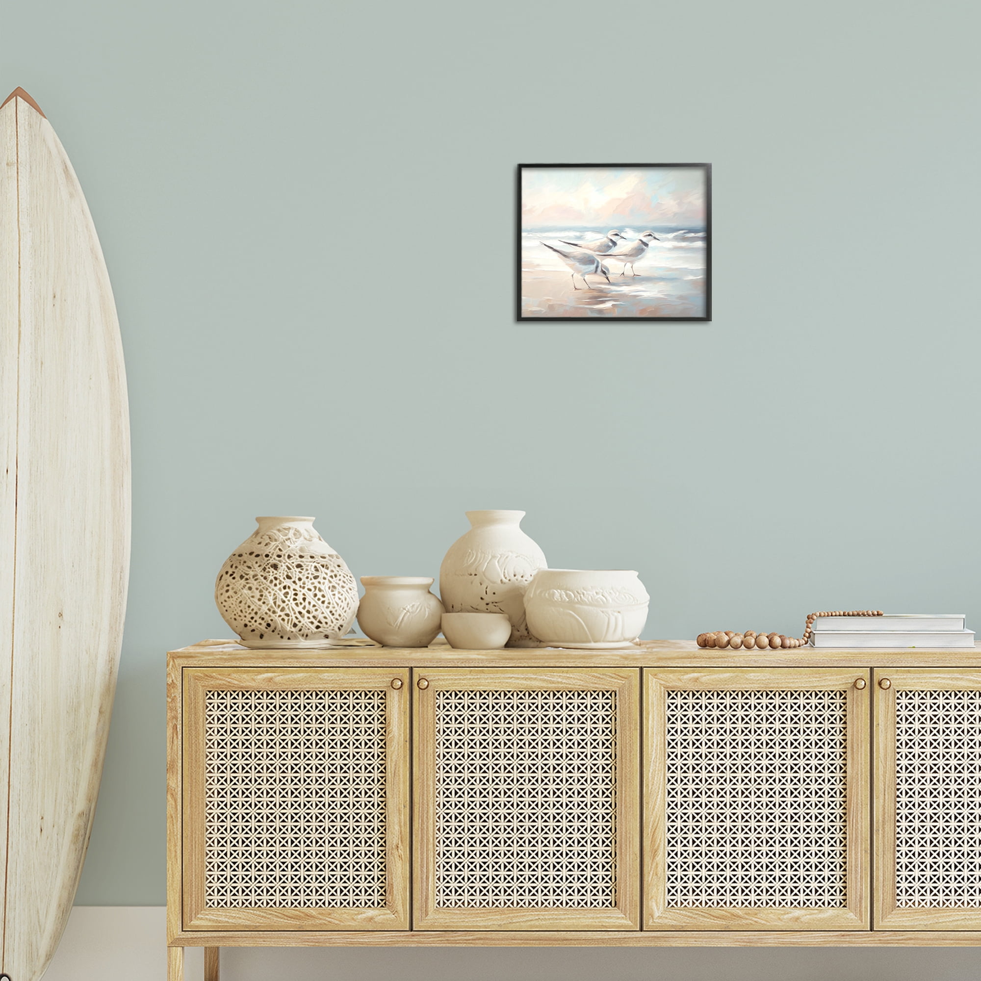 Stupell Industries Bay with Beach Birds Coastal Painting Black Framed Art Print Wall Art, 14 x 11