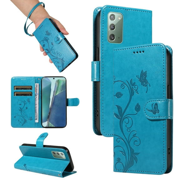 Allytech Wallet Case for Samsung Galaxy Note 20, PU Leather Butterfly Embossed Slim Flip Cover for Girls Women Shockproof Cards Holder Hand Wrist Phone Case for Galaxy Note 20 - Blue