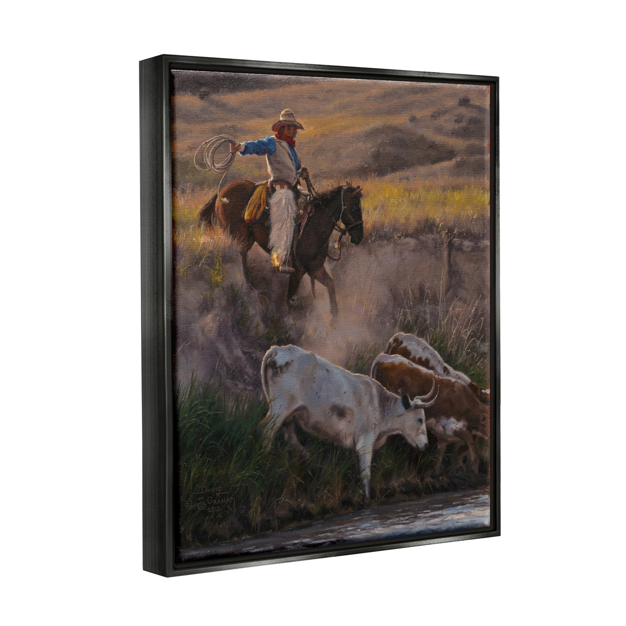 Stupell Industries Cowboy Rounding Up Cattle Lasso Animals & Insects Painting Black Floater Framed Art Print Wall Art