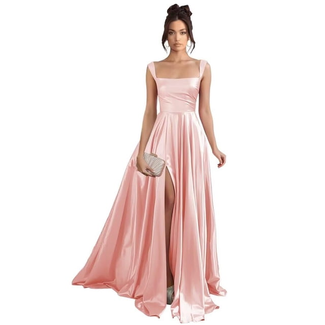 Vestido de fiesta Stylefun 2025 Satin A Line con bolsillos rosa para mujer