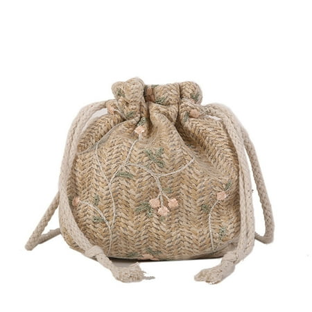 SIEYIO Summer Shoulder Bag Handbag Drawstring Lace Straw Bucket Bag for Dog Walking