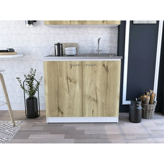 2-door Utility Sink Cabinet In White And Oak - Functional Design & Sleek