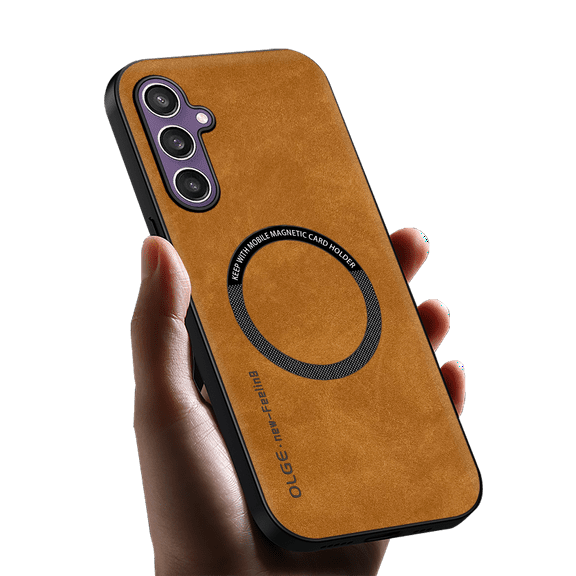 Allyetch Magnetic Back Case Cover for Samsung Galaxy S24 Plus, Slim Fit Back Cover PU Leather TPU Bumper Anti-Scratch Compatible with Car Mount Shockproof Phone Case for Galaxy S24 Plus, Brown