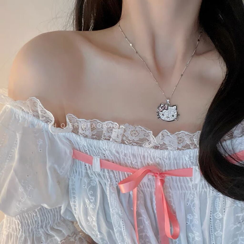 Kawaii Hello Kitty Necklace With Chain Alloy Crystals Y2K Kitty Cat Pendant  Necklaces Sanrio Women Exquisite Clavicle Chain