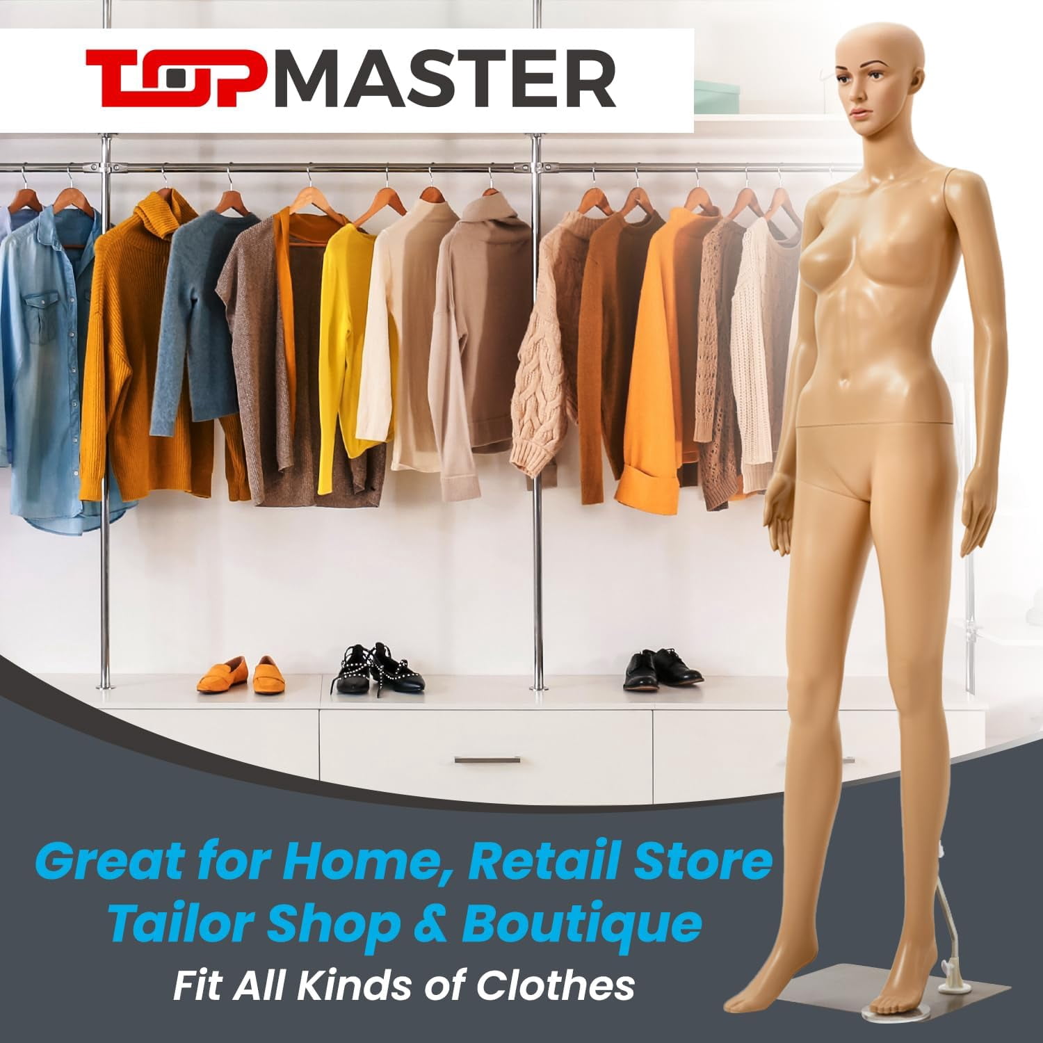 Topmaster Skin Female Mannequin - Premium Quality Construction, Detailed Dimensions for Realistic Proportions, Durable and Stable Design, Versatile Clothing Display, Sleek and Sophisticated Appearanc