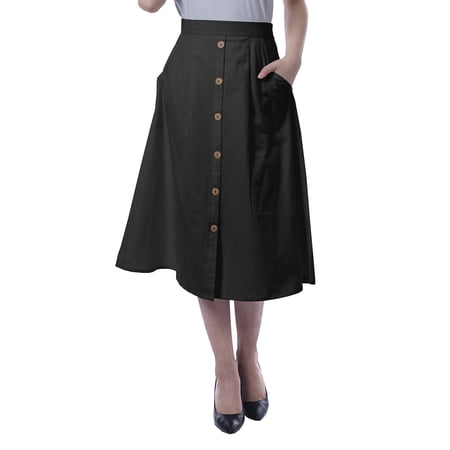 Moomaya Womens Below Knee Length A-Line Skirt Front Button Casual Skirt w/ Pockets