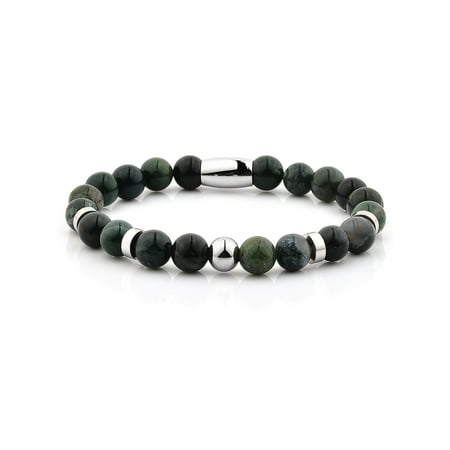 Moss Agate Bracelet - Moss Agate Stone Stainless Steel Beaded Bracelet (8mm)
